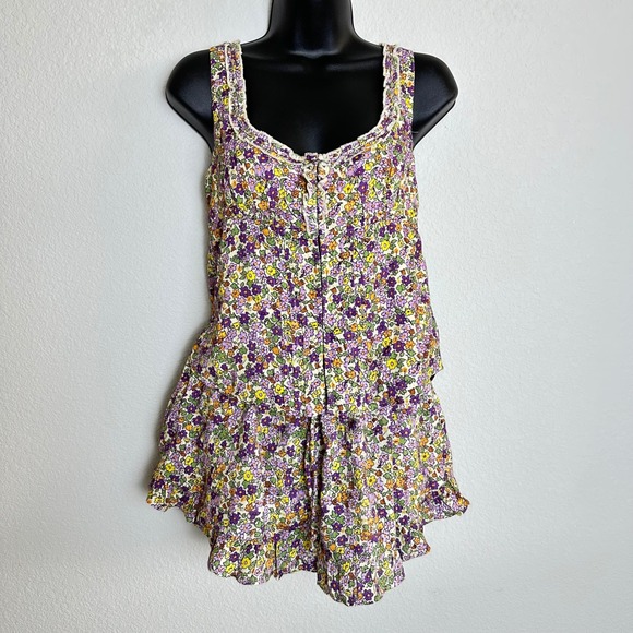 Free People Other - Free People Floral Ellia Two Piece Set Top and Ruffle Skirt Purple Combo Small